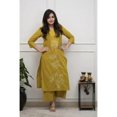 Premium Embroidery Cotton Kurta Set Women's Casual Wear Ethnic Kurti Pant Set