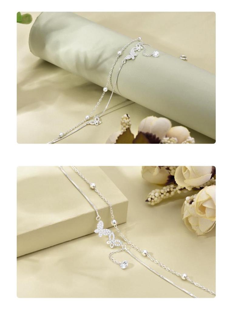 Korean Fashion Double Layer Butterfly Tassel Anklet - Versatile 925 Silver Women's Style