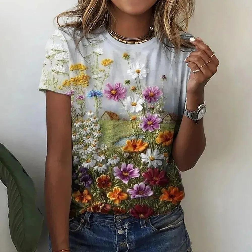 Summer Round Neck Flower Pattern 3D Print Top Fashionable Casual Short Sleeved Women's T-shirts