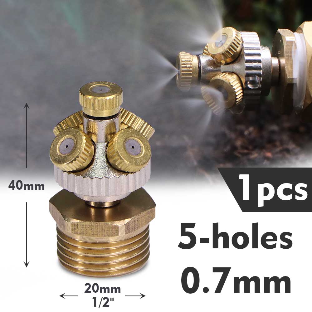 5-holes Misting Nozzle 0.1-1.0mm Fine Atomizer Sprayer 1/2" 20mm Brass Adapter Garden Irrigation Humidification Cooling Watering