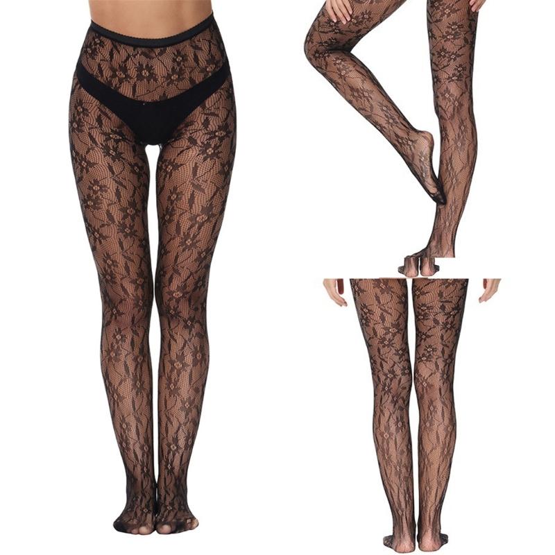 Elegant Hollowout Fishnet Stockings with Flower Pattern Aesthetic Black Sheer Mesh Tights Pantyhose for Women Hosiery