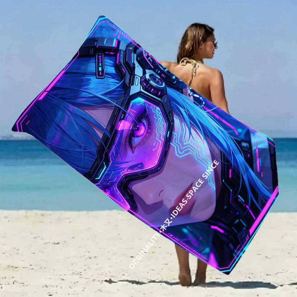 Cyberpunk Girl Printed Beach Towel Patterned Sunscreen And Windproof Suitable For Swimming Pool Camping Travel Blanket