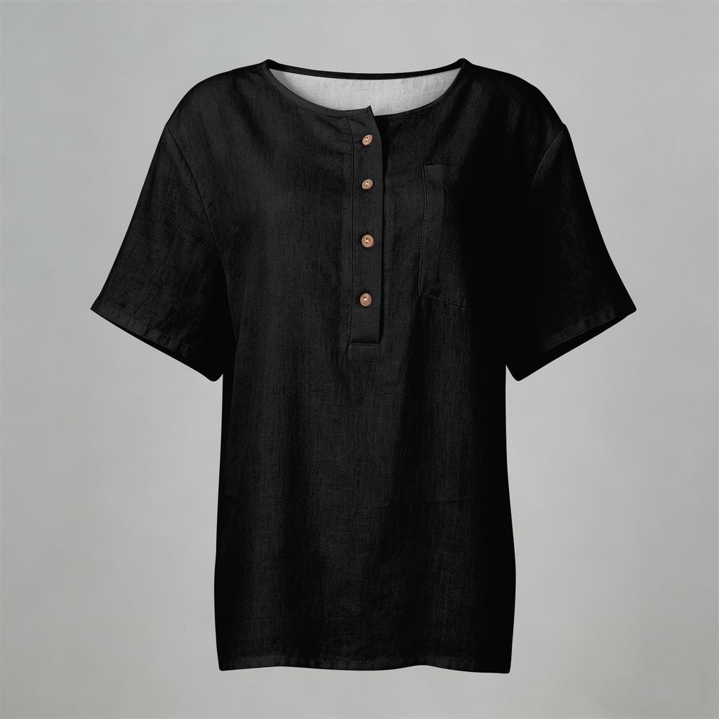 Women Short Sleeve Henley Neck Button Front Linen Cotton Shirt with Chest Pocket Loose Fit Casual Blouse Top for Summer