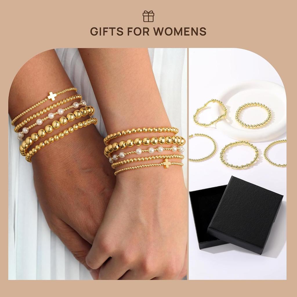Yoosteel Gold Beaded Bracelets for Women Teen Girls, Gold Plated Jewelry | Gold Stackable Stretch Bracelets, Dainty Round Beaded Pearl Cross Bracelet