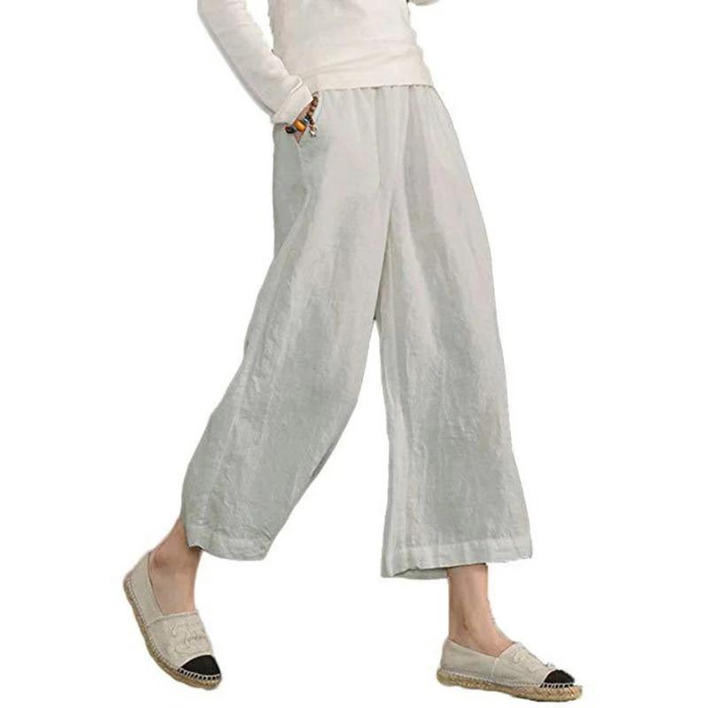 Solid Color Cotton and Linen Loose Casual Wide-leg Nine-point Pants for Women S белый