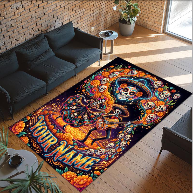 Day of the Dead Theme Crystal Velvet Rug Personalized Custom Name Text Soft Floor Mat Home Decor