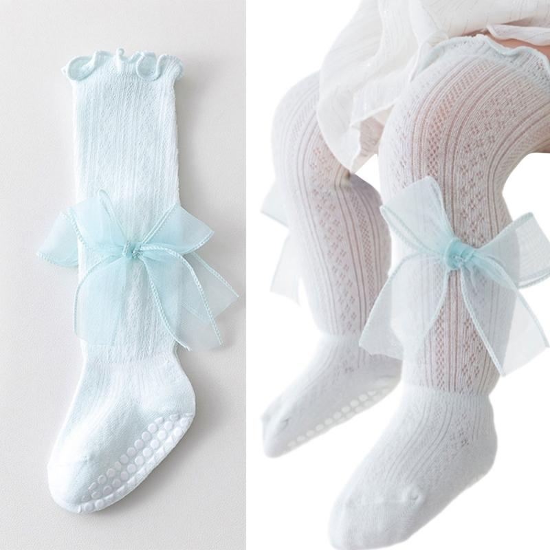 Kids Lace Pattern Over Knee Stockings Soft Combed Cotton Summer Thin Style Beige Color For Daily Wear