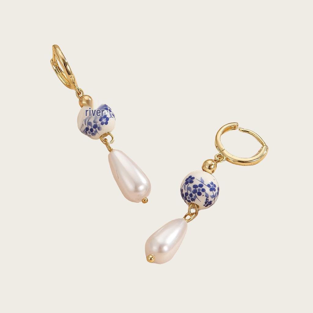 Spring/Summer 2025 Teardrop Pearl Porcelain Earrings - Elegant Retro Blue & White Beaded Style