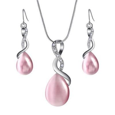 Beliebte Schmuck Brautjungfer Einfache Rosa Wasser Tropfen Cat Eye Diamant Ohrringe Halskette Set Kette Weibliche