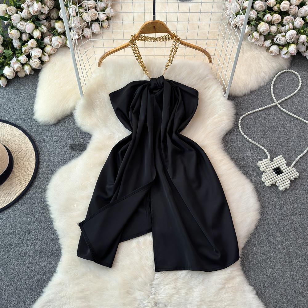 

Французский темперамент, милая и нежная рубашка без рукавов, женская необычная и уникальная летняя рубашка, свисающий воротник, топ без бретелек One Size чёрный