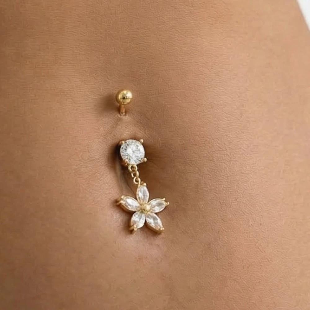 Dangled Design Apricot Blossom Navel Jewelry Zinc Zinc Alloy Flower Rhinestone Belly Ring  Women