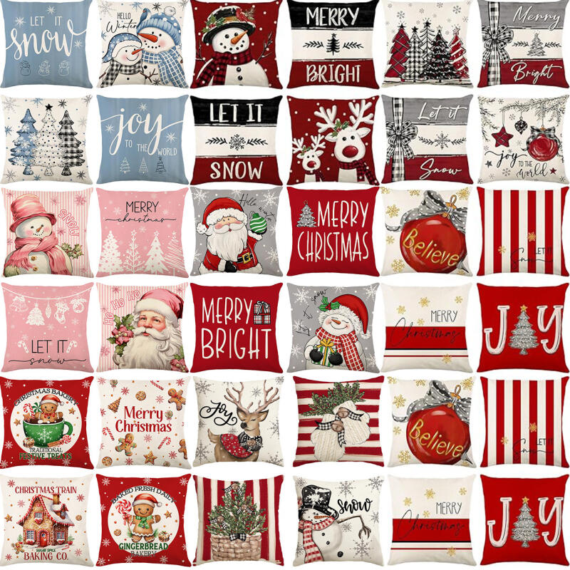 4 PC Reversible Christmas Pillow Covers Set - Santa Snowman Linen Blend Sofa Decor Festive Home Accents