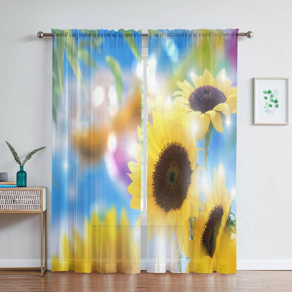 Romantyczna Różana Kwiatowa Żółte Kwiaty Przezroczysta Woalowa Zasłona do Salonu Domowej Kuchni Zielone Liście Motyl Okienna Tiulowa Zasłona