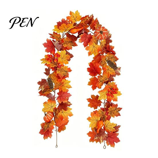 Realistic Orange Red Maple Leaves Artificial Fall Leaf Wreath, Autumn Vine with Pine Cones Pumpkins, Reusable Holiday Gifts for Family Hanging