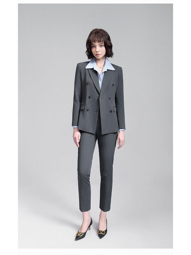 Women's Gray Double-Breasted Suit Set - 2025 Spring/Autumn British Style Formal Workwear