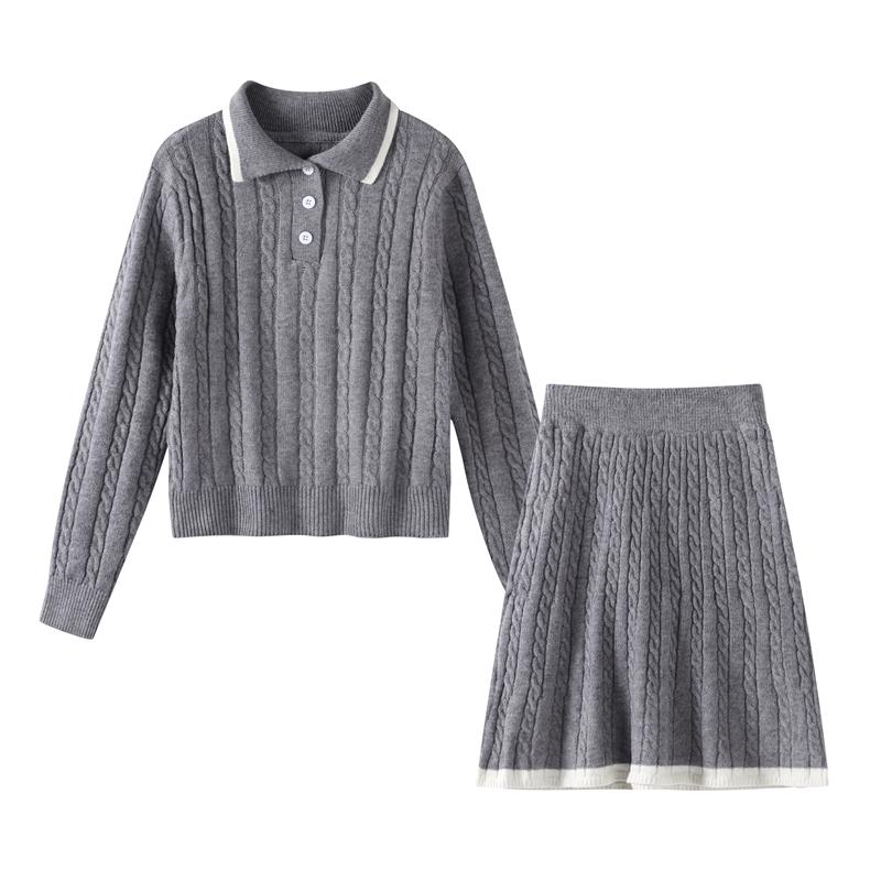 Einfarbiger Strickpullover-Rock-Set für Damen, Umlegekragen, Pullover, langärmelig, schmaler Pullover mit kurzen Röcken, elegante Damenanzüge