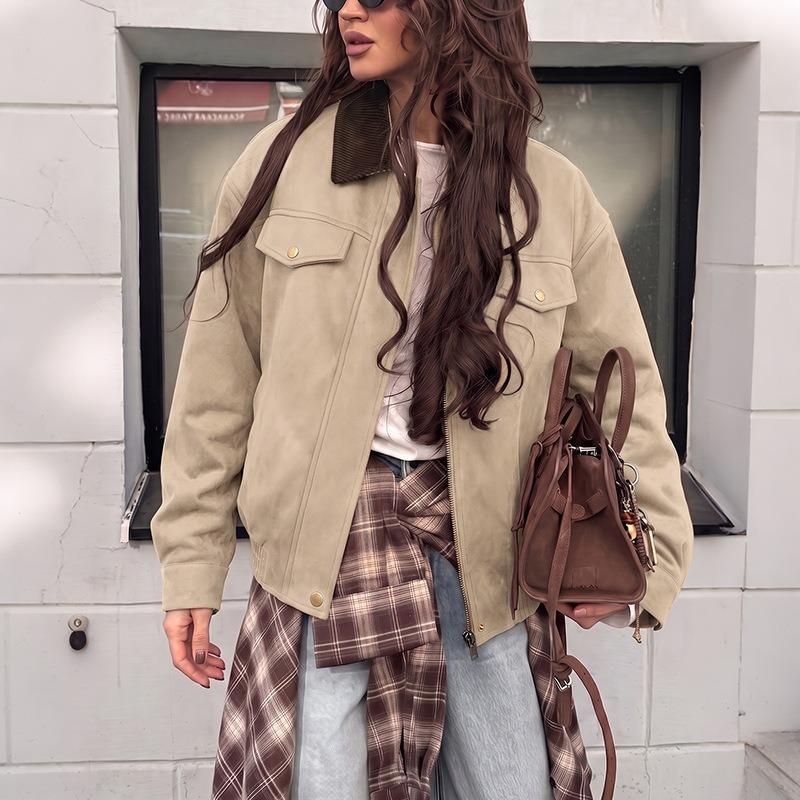 DICFY Women's Vintage Casual Solid Color Print Autumn Winter Long Sleeve POLO Neck Jackets & Coats