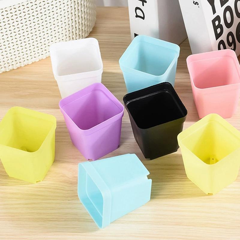 10PCS Square Mini Flowerpot Candy Colors Plastic Plant Pot Drainage Holes Tray Succulent Pot Indoor Outdoor Garden Nurseries ZYF