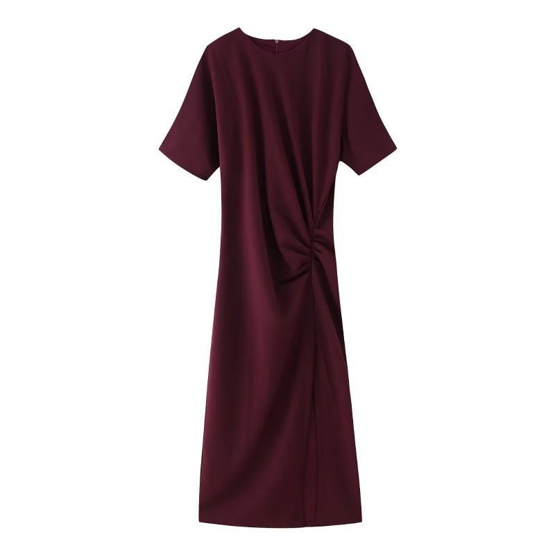 

European American Women s Clothing Fashionable Round Collar Short-sleeve Split Pleated Dress M вина червоного кольору