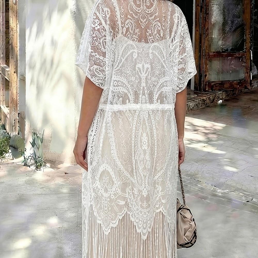 Lace Mesh Bohemian Shawl Tassel Sun-Protective Top Elegant Swimsuit Cover Up Vacation