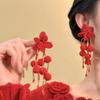 Red Hairball Flower Fringed Stud Earrings European and American Versatile Earrings Women