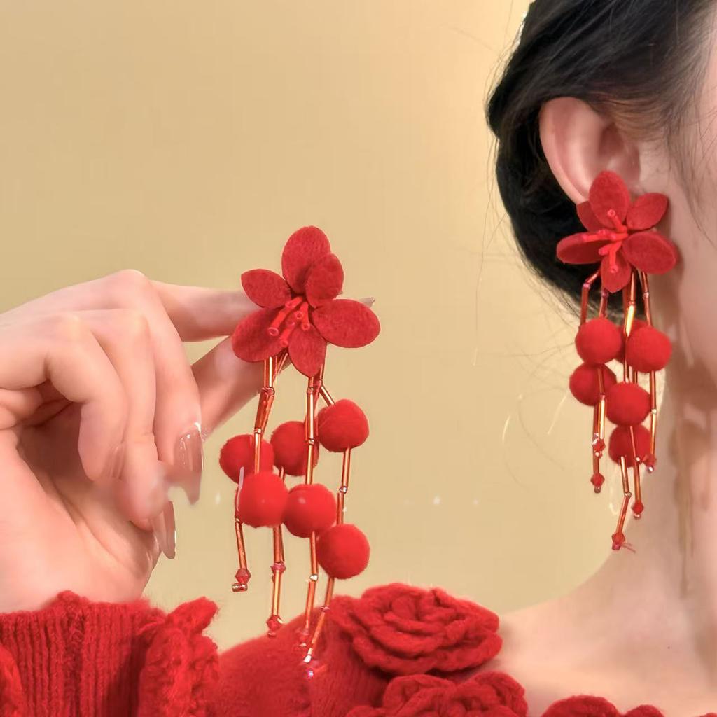 Red hairball flower fringed stud earrings European and American versatile earrings women