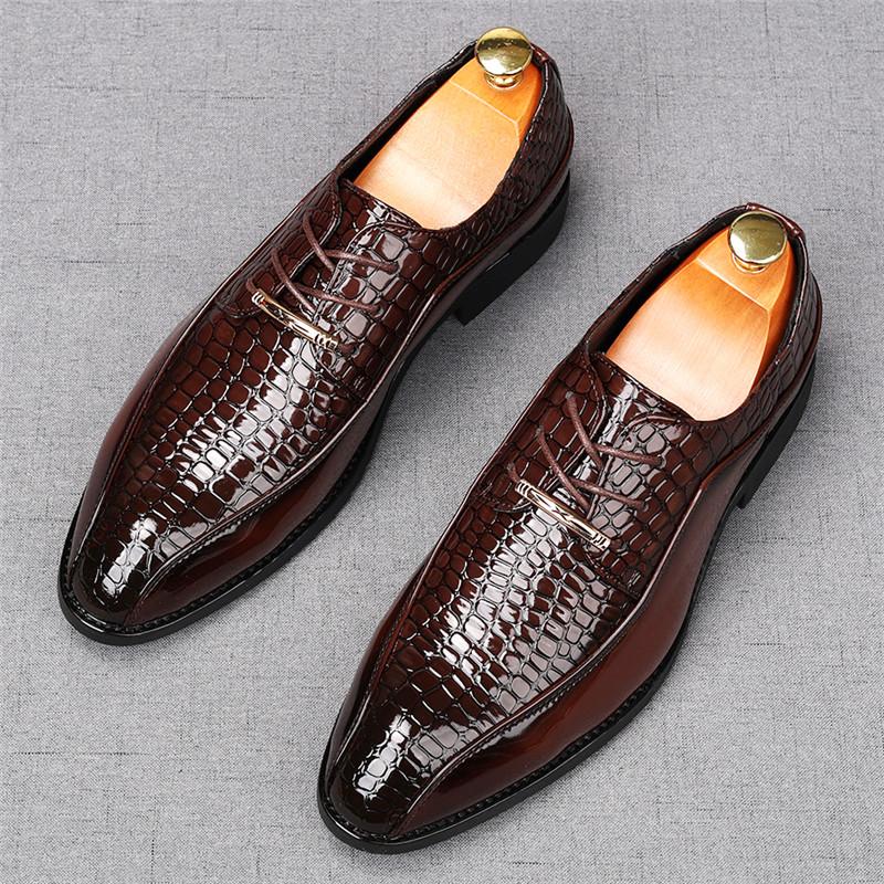 Fashion Fashion New Men's Pointed Shiny Lace Up Business Flats Derby Shoes Male Luxury Designer Homecoming Wedding Dress Footwear