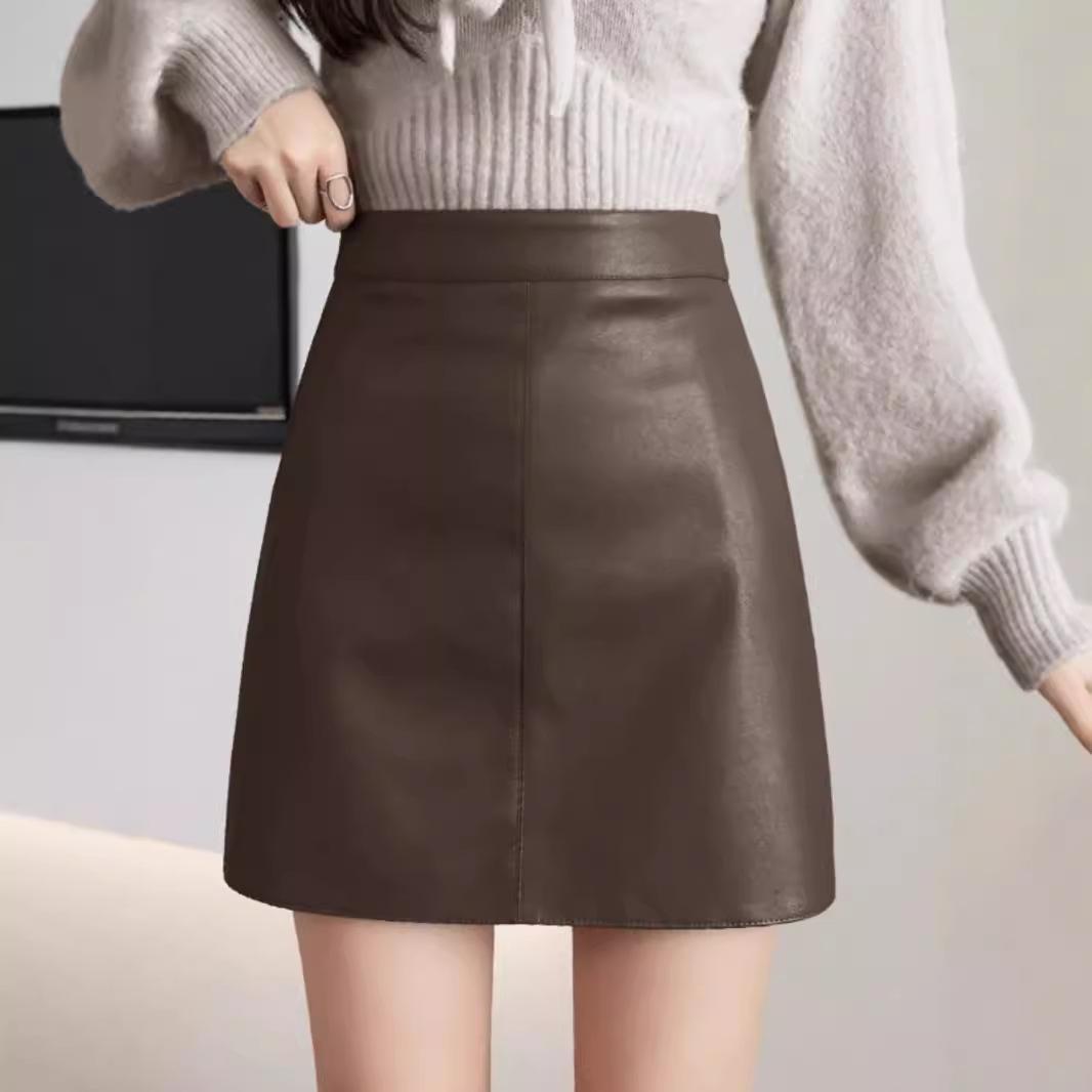 

2024 Autumn/Winter PU Leather High Waist Bodycon Midi Skirt - Korean Style Anti-Exposure Design. M абрикосовий