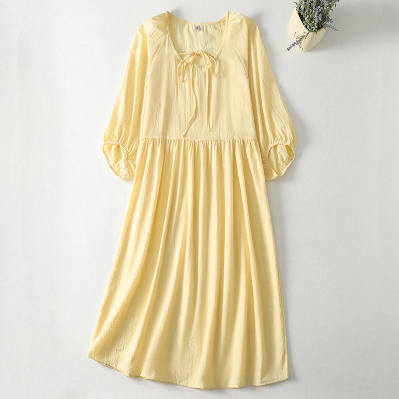 

Spring 2026 Loose Artistic Double-Layer Collar Lace-up Slimming 3/4 Sleeve Cotton Dress for Women L жёлтый