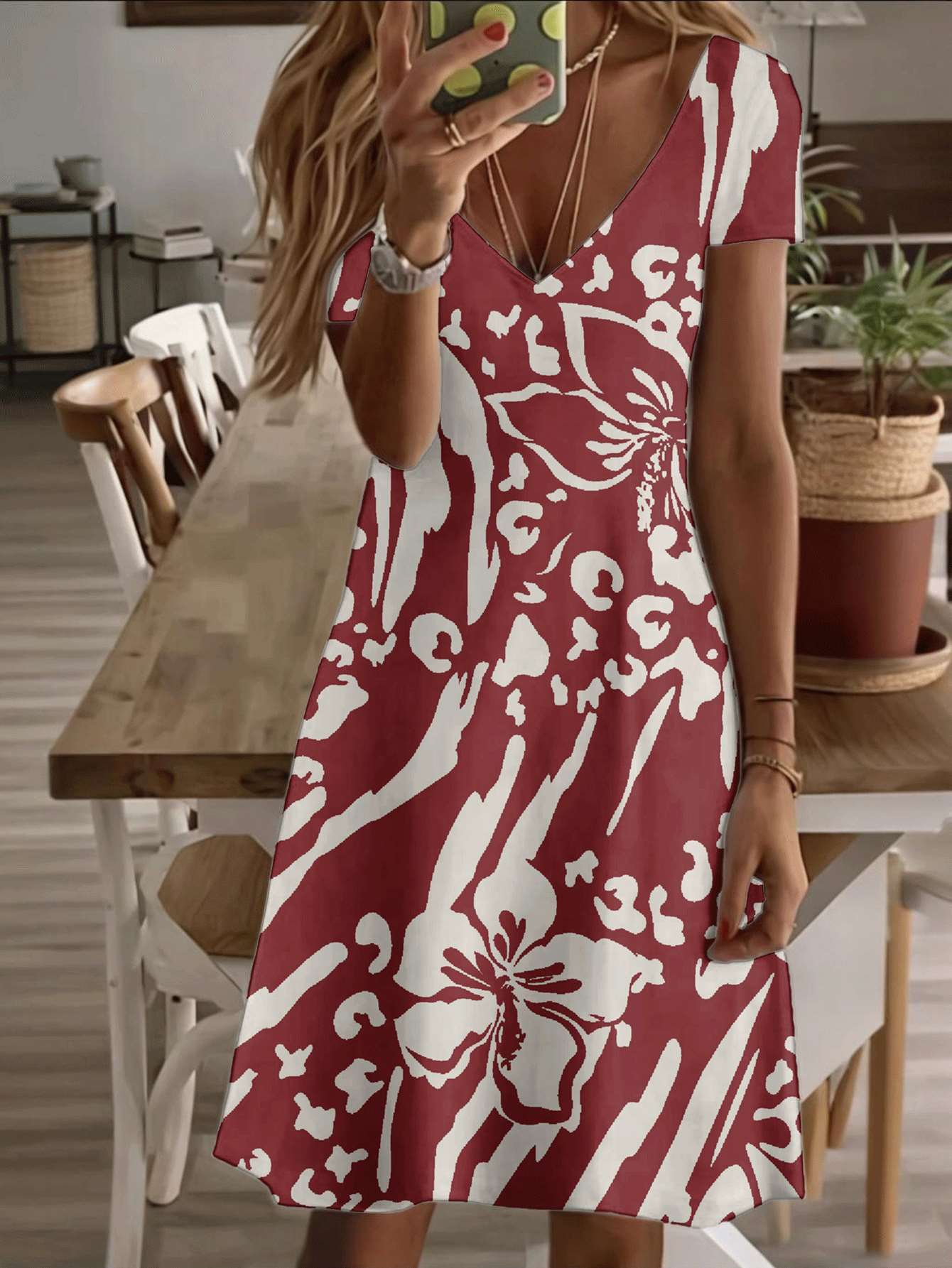 

Vneck shortsleeve midi dress floral blossom print pattern 3D highquality print durable comfortable breathable soft fabric elegant casual fashion XL дубильна кора