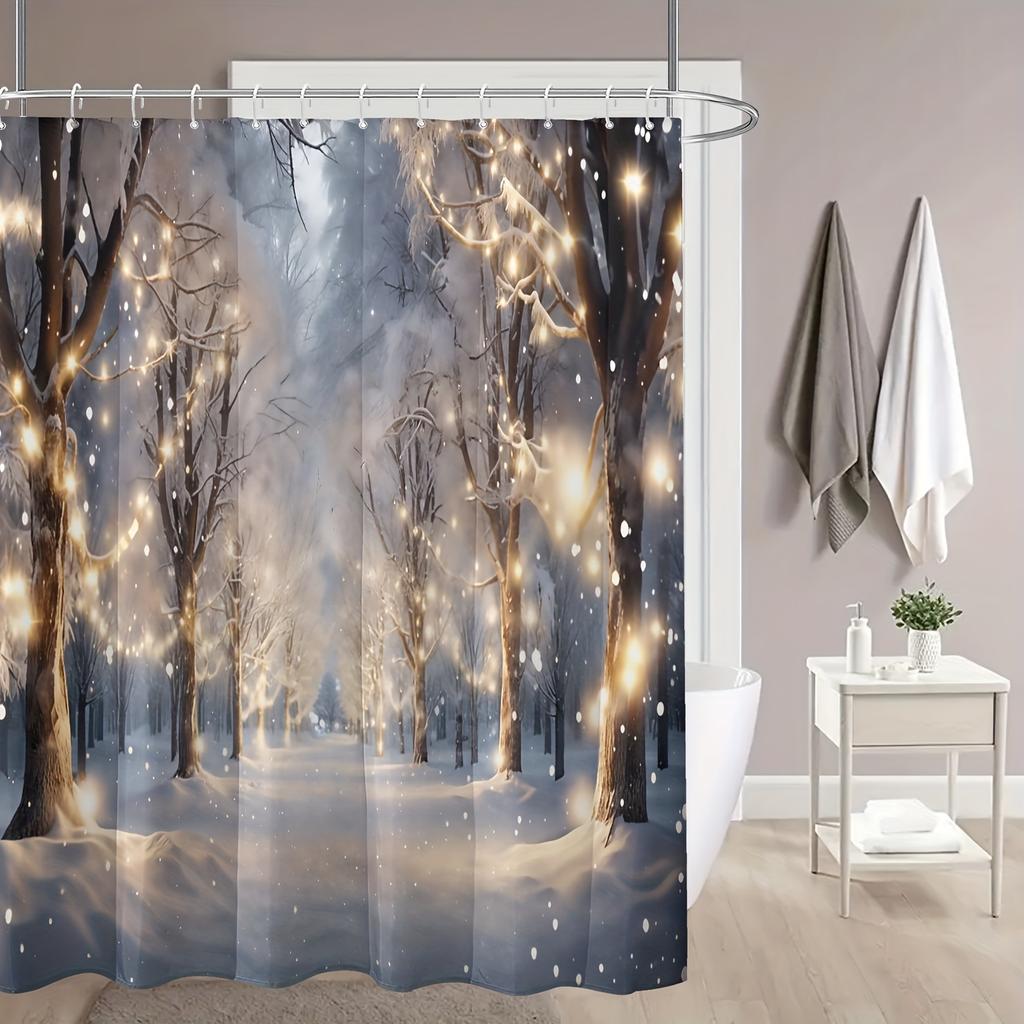 Festive Snowy Forest Shower Curtain: Christmas Lights & Snowflakes, Polyester, Machine Washable, Winter Wonderland Theme.