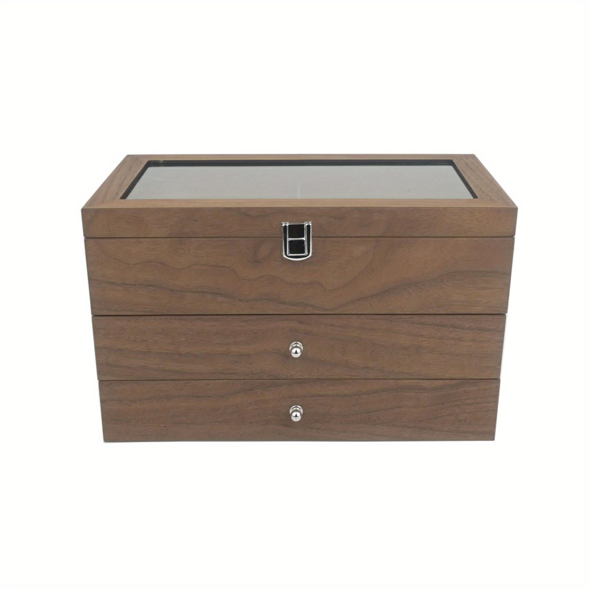 1 шт. 3-слойный деревянный ящик для хранения солнцезащитных очков с 18 отделениями, прозрачной откидной крышкой и 2 ящиками, настольный органайзер-витрина для солнцезащитных очков, подарочный шкафчик. 1pc