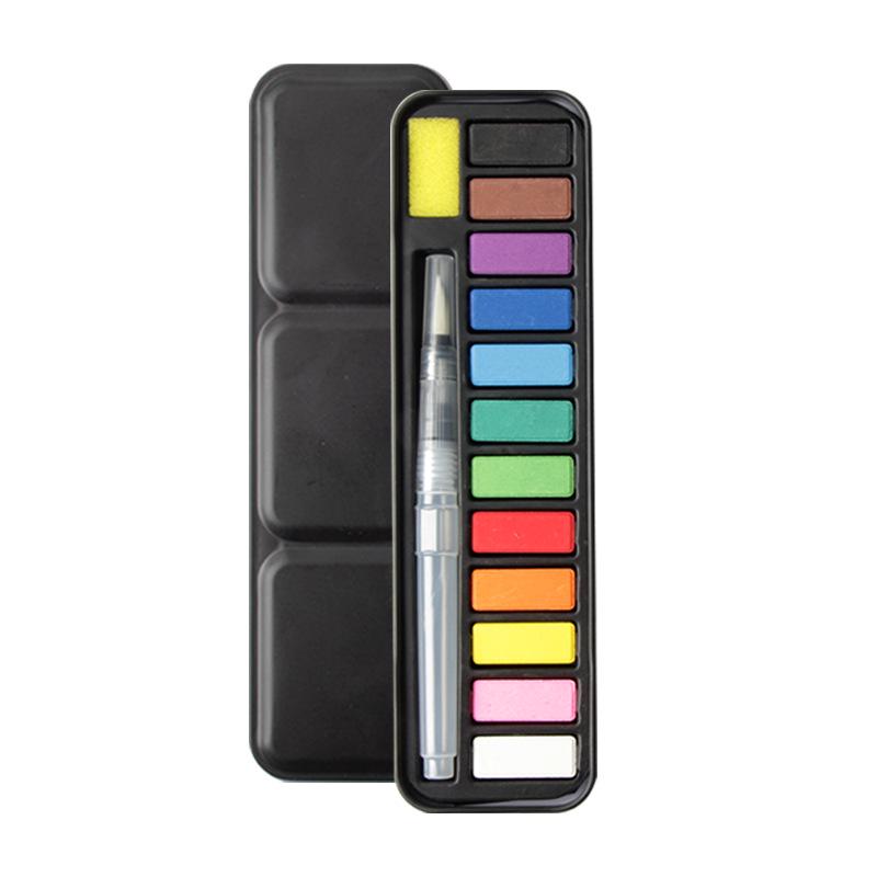 12-Color Solid Watercolor Paint Set with Black Iron Box and Water Brush