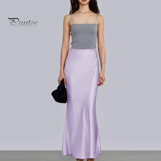 Spring Summer Maxi Skirt Women High Waist Silky Texture Long Skirt Solid Color Smooth Satin Fishtail Long Skirt