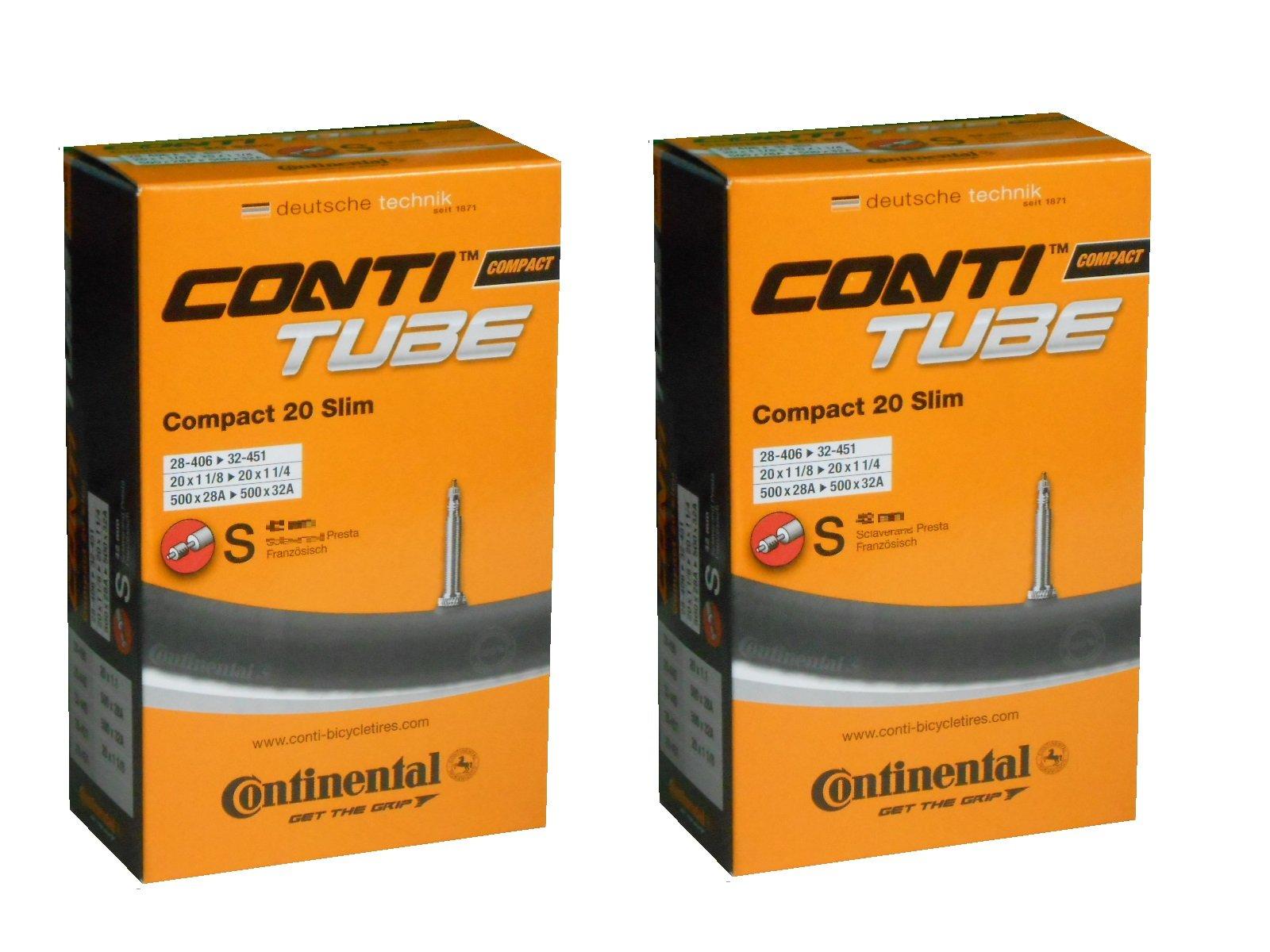 

Set of two Continental Compact20 Slim 20x1 1/8 - 20x1 1/4 (28-406 x 32-451) Presta Tubes, 500x28A - 500x32A (42mm Valve Length) [Parallel Import]