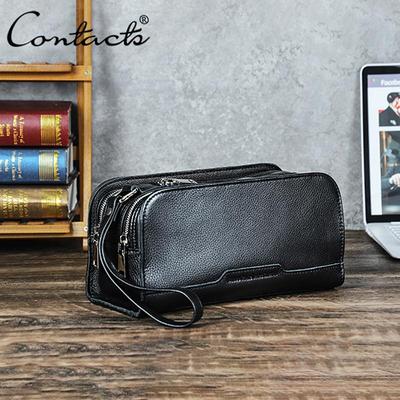 CONTACT'S Fashion Genuine Leather Clutch Bag Men Large Capacity Metal Zipper Wristlets Male Travel Business Daily Gift Handbags