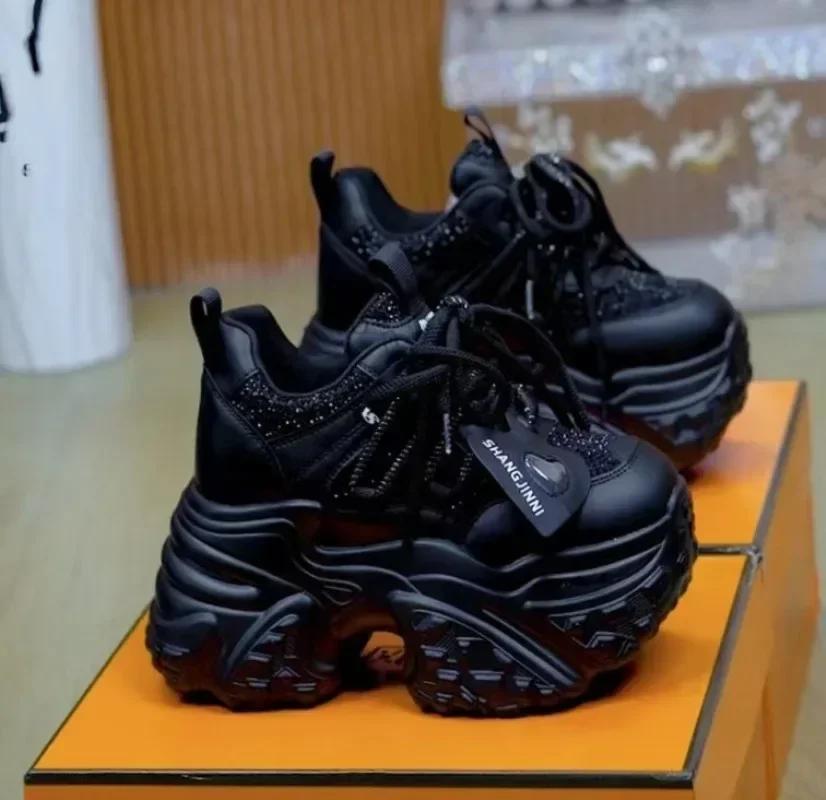 7CM Women Casual Platform Sneakers High Heels New Spring Sports Leather Shoes Bling Trainers Chunky Sneakers Zapatos Mujer
