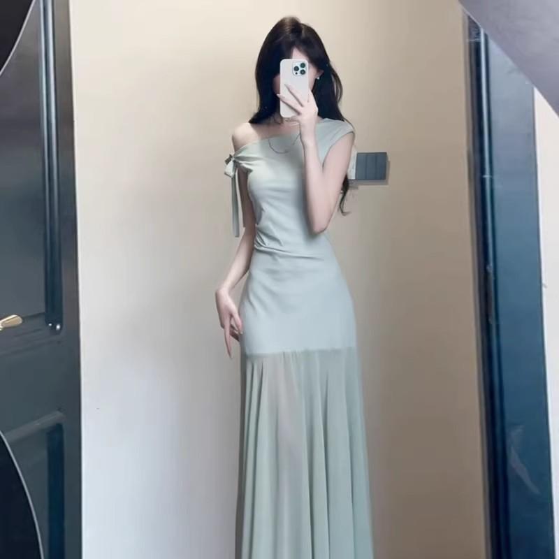 French Green Off-the-shoulder Mesh Dress Women's Clothing Summer 2026 New Temperament Waist Thin Hip-wrapped Dress