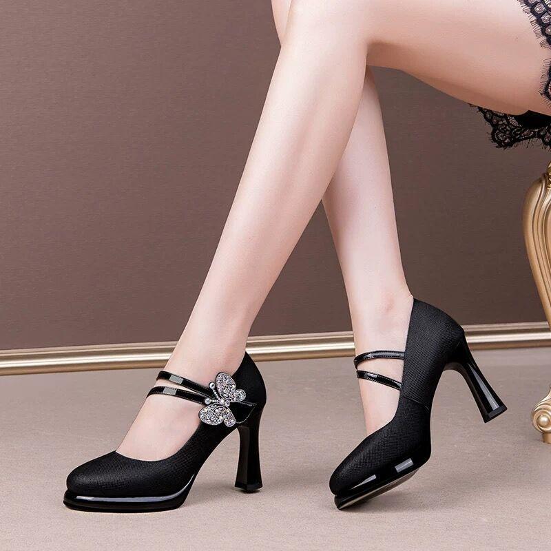 FHC New Cowhide Leather Office Lady Work Shoes,Women Platform Pumps,Rhinestone Bowtie High Heels,Round Toe,Black,Blue,Dropship