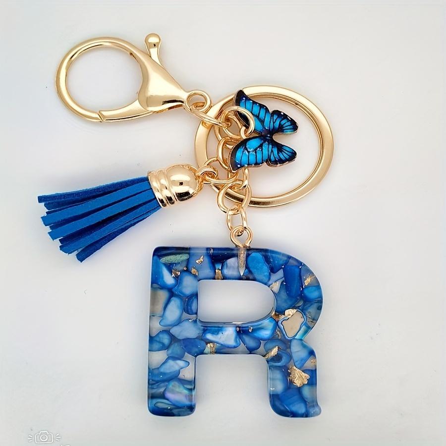 1pc Custom Blue Alphabet Letter Keychain with Butterfly Pendant Resin Ladies Key Ring with Tassel - Elegant Accessory for Bags Backpacks