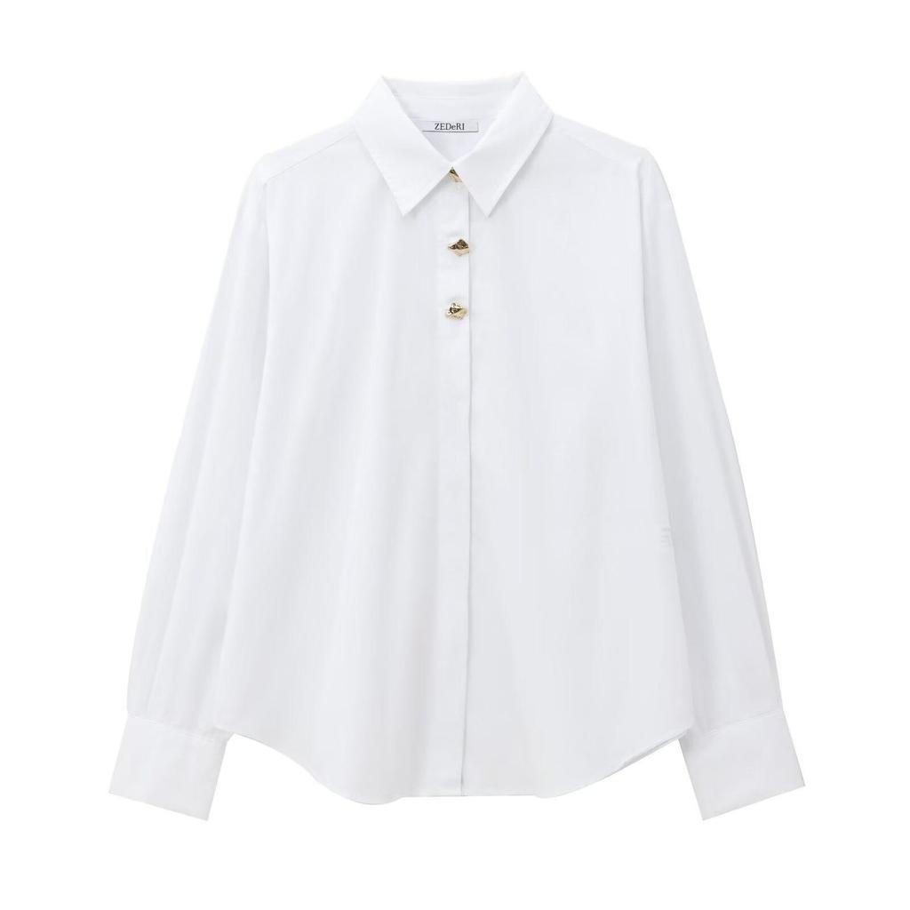 2024 Women's Winter Fashion Poplin Shirt with Gold Button Details