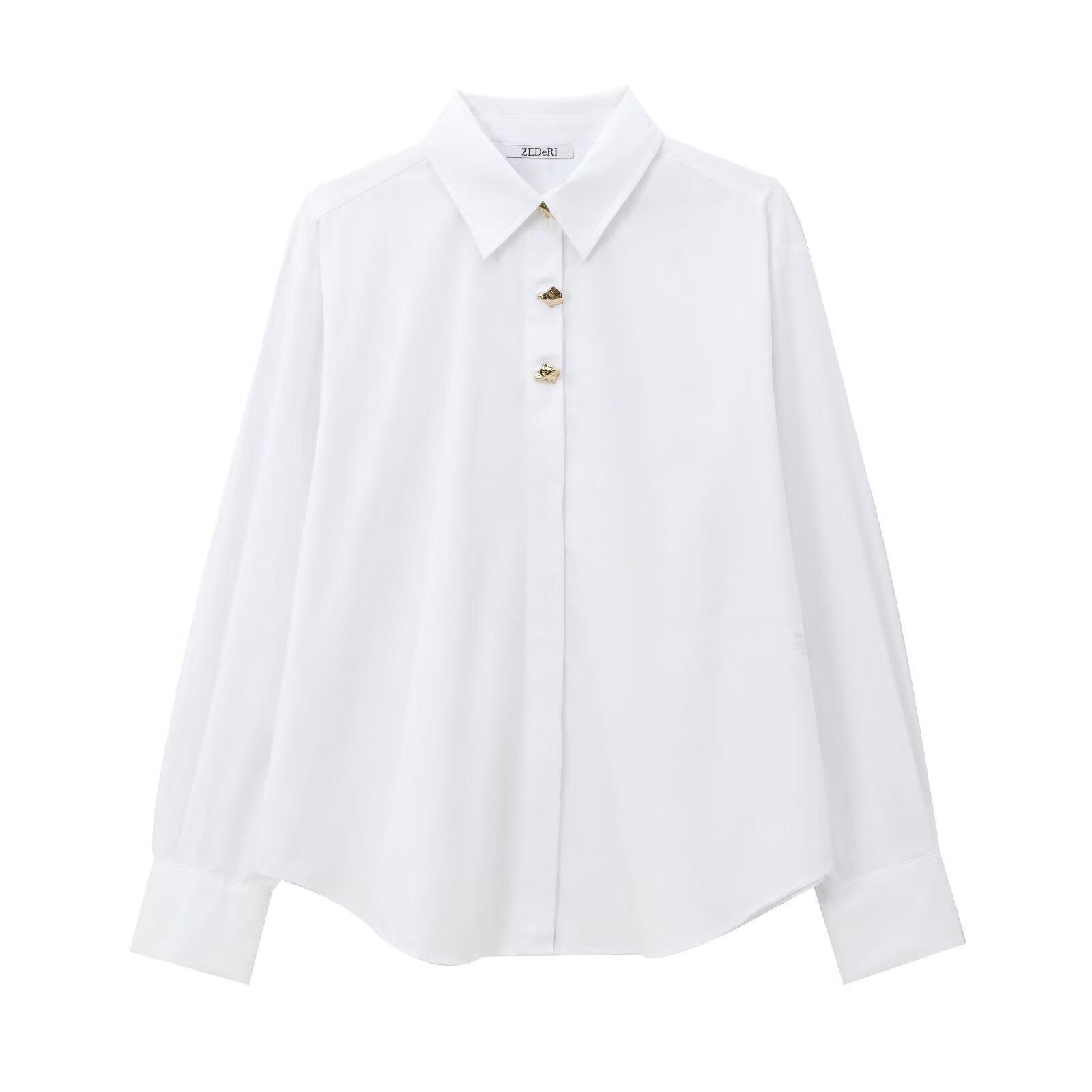 

Женская зимняя мода 2024 года поплиновая рубашка с деталями в виде золотых пуговиц Large белый