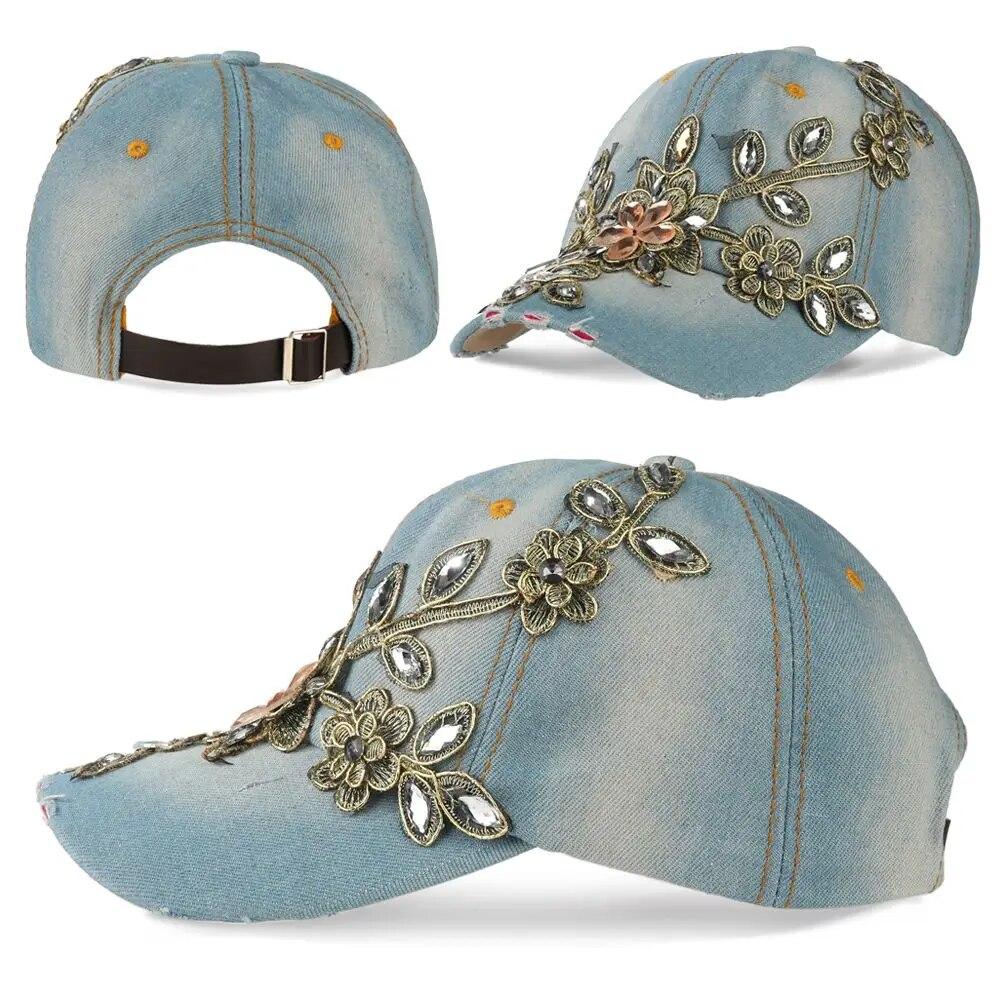 Outdoor Women Hat Rhinestone Flower Sports Baseball Cap Cowboy Sun Hat