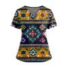 Ladies' Fashionable Floral Print V-neck Double Pocket Short Sleeved Shirt With Slit Hem And Protective Worker's Top