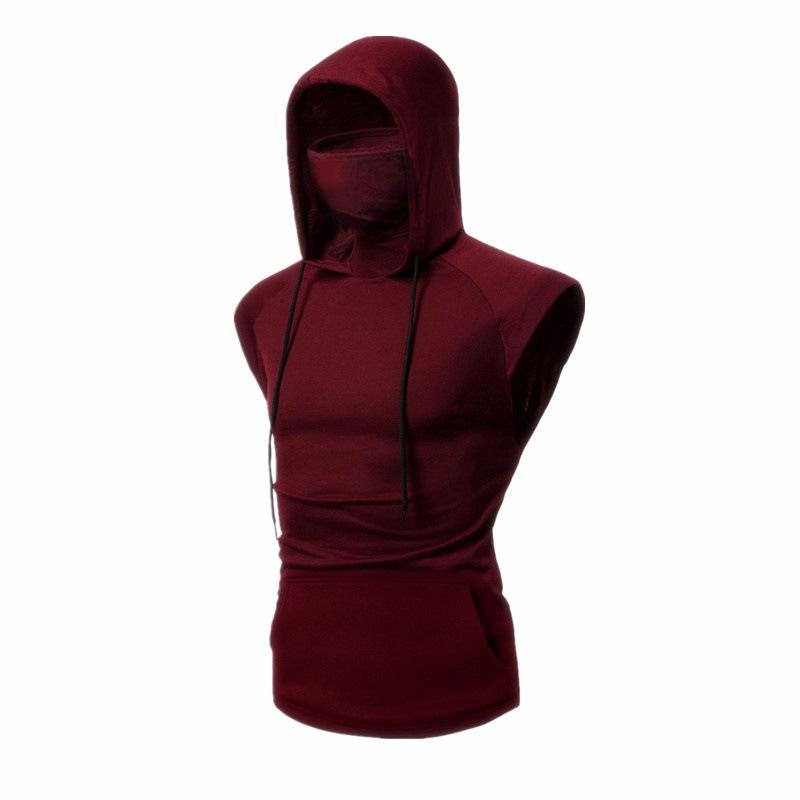 

Men s Fitness Hooded Sleeveless T-Shirt with Face Mask M вина червоного кольору