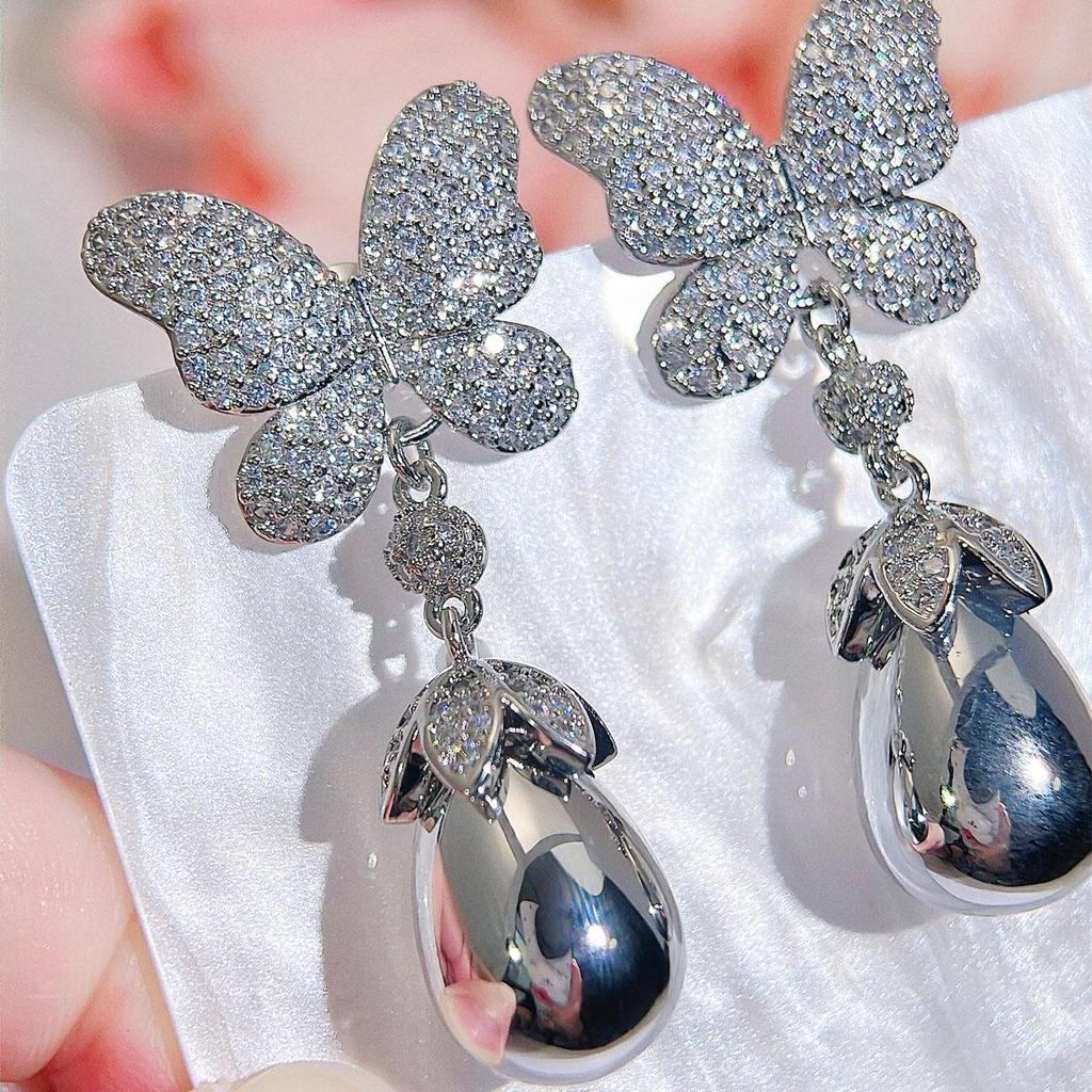 CMM Palace Style Hollow Design Zircon Butterfly Water Drop Artificial Pearl Pendant Earrings Wild Bride Wedding Party Accessories