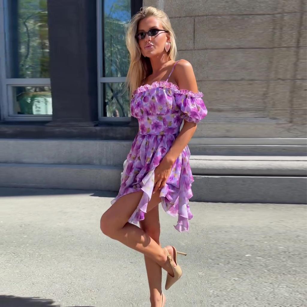 European and American women's clothing 2026 summer new sweet and spicy wind bubble sleeves floral high-waisted lotus leaf edge suspender dress