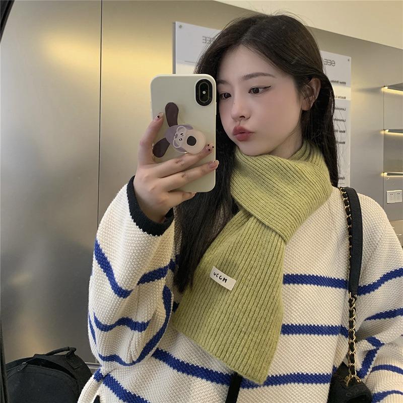 Solid color wool scarf women's autumn and winter warm versatile white student knitted scarf tide