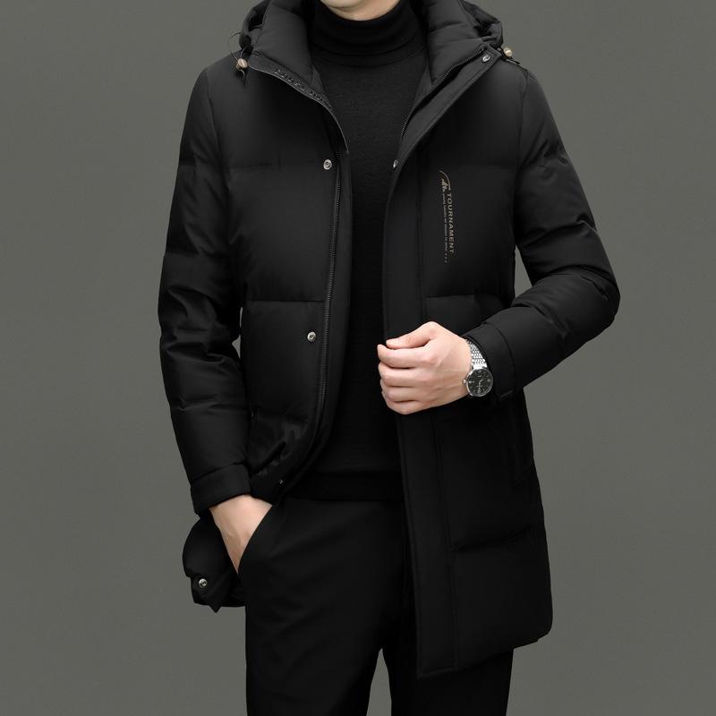 Men's 2024 Winter White Duck Down Hooded Mid-Length Jacket - Detachable, High-End Business Casual Style