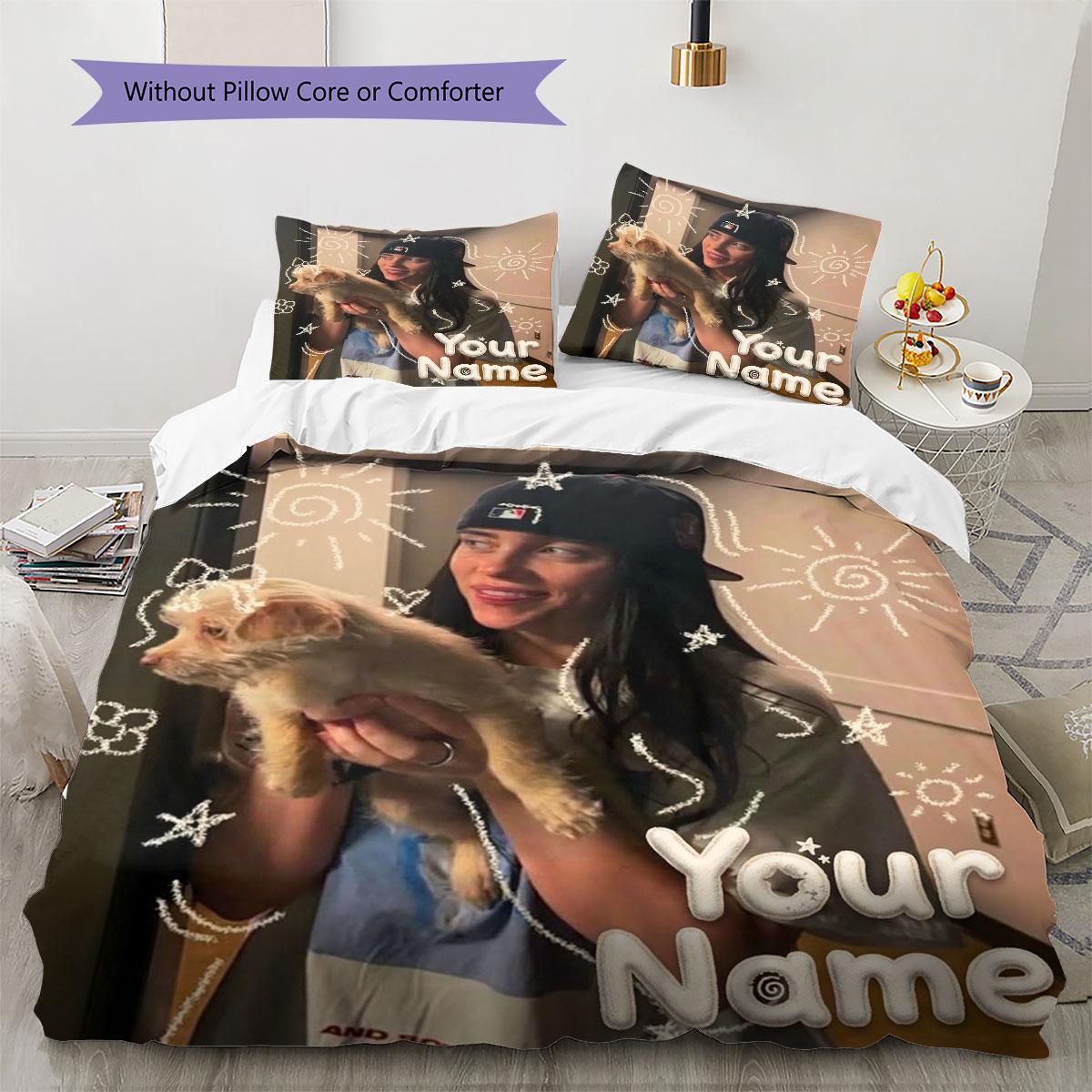 Billie Eilish Bettwäsche mit individuellem Namensmuster, Steppbett-Set, Bettbezug, Kissenbezug, Heim-Geburtstagsgeschenk(1 Bettbezug + 2 Kissenbezüge, ohne Füllung) 135x200cm